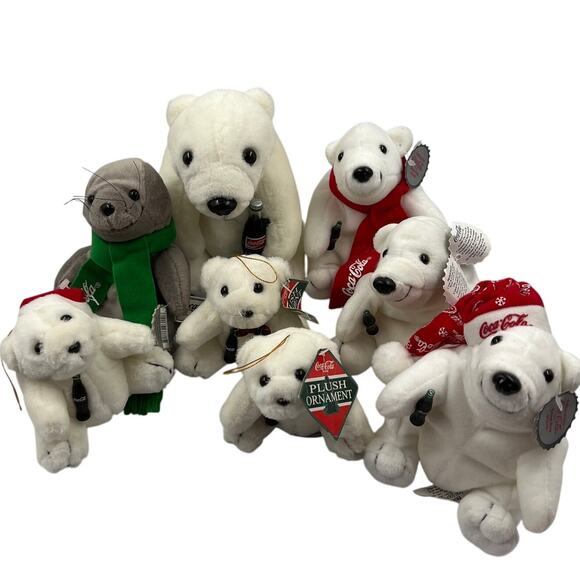 Vintage Lot 8 Coca Cola Polar Bear Bean Bag Plush Seal Christmas Ornaments - Picture 1 of 13